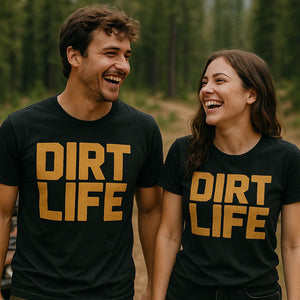 Person wearing the black atv t shirt graphic tee - "Dirt Life" design