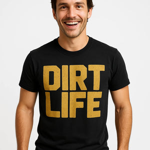 Close-up of the "Dirt Life" gold print on a premium Bella+Canvas black atv t shirt