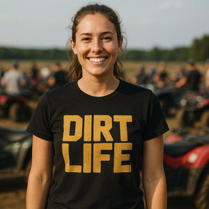 Lifestyle shot of the "Dirt Life" black atv t shirt in a real-world setting