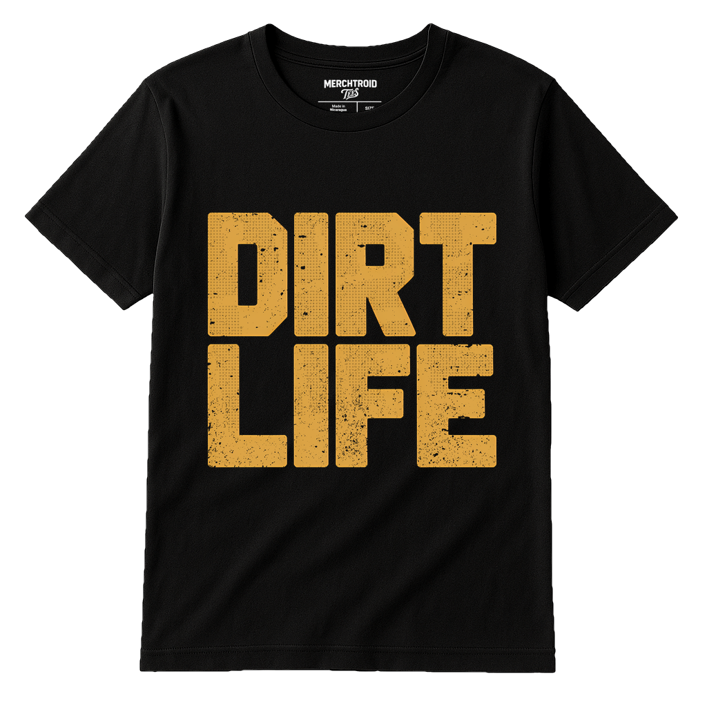 Black Atv T Shirt - "Dirt Life" graphic tee with gold print, flat lay product photo
