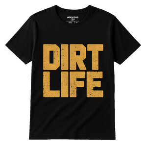 Black Atv T Shirt - "Dirt Life" graphic tee with gold print, flat lay product photo