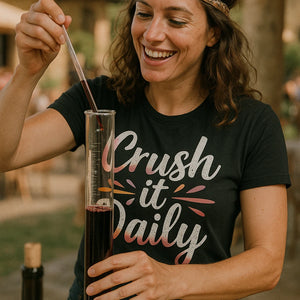 "Crush It Daily" black winemaker t shirt - also one of the best gifts for winemakers