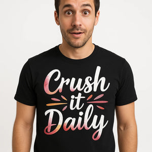 Close-up of the "Crush It Daily" white print on a premium Bella+Canvas black winemaker t shirt