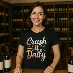 Lifestyle shot of the "Crush It Daily" black winemaker t shirt in a real-world setting