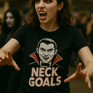 "Neck Goals" black frog brothers vampire hunters t shirt, photographed as gifts for vampire lovers