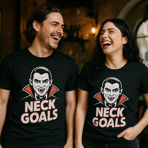 Person wearing the black frog brothers vampire hunters t shirt graphic tee - "Neck Goals" design