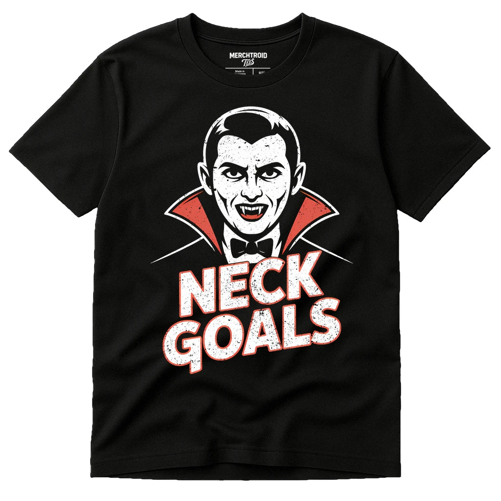 Black Frog Brothers Vampire Hunters T Shirt - "Neck Goals" graphic tee with white print, flat lay product photo
