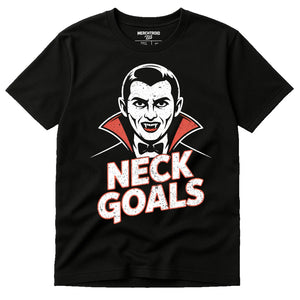 Black Frog Brothers Vampire Hunters T Shirt - "Neck Goals" graphic tee with white print, flat lay product photo