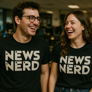 Person wearing the black journalist t shirt graphic tee - "News Nerd" design