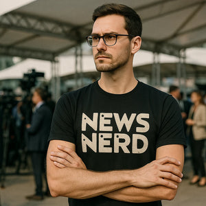 Lifestyle shot of the "News Nerd" black journalist t shirt in a real-world setting