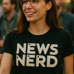 "News Nerd" black journalist t shirt, photographed as journalist lover gift
