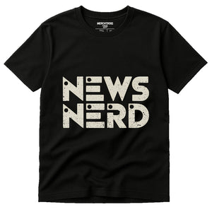 Black Journalist T Shirt - "News Nerd" graphic tee with beige print, flat lay product photo