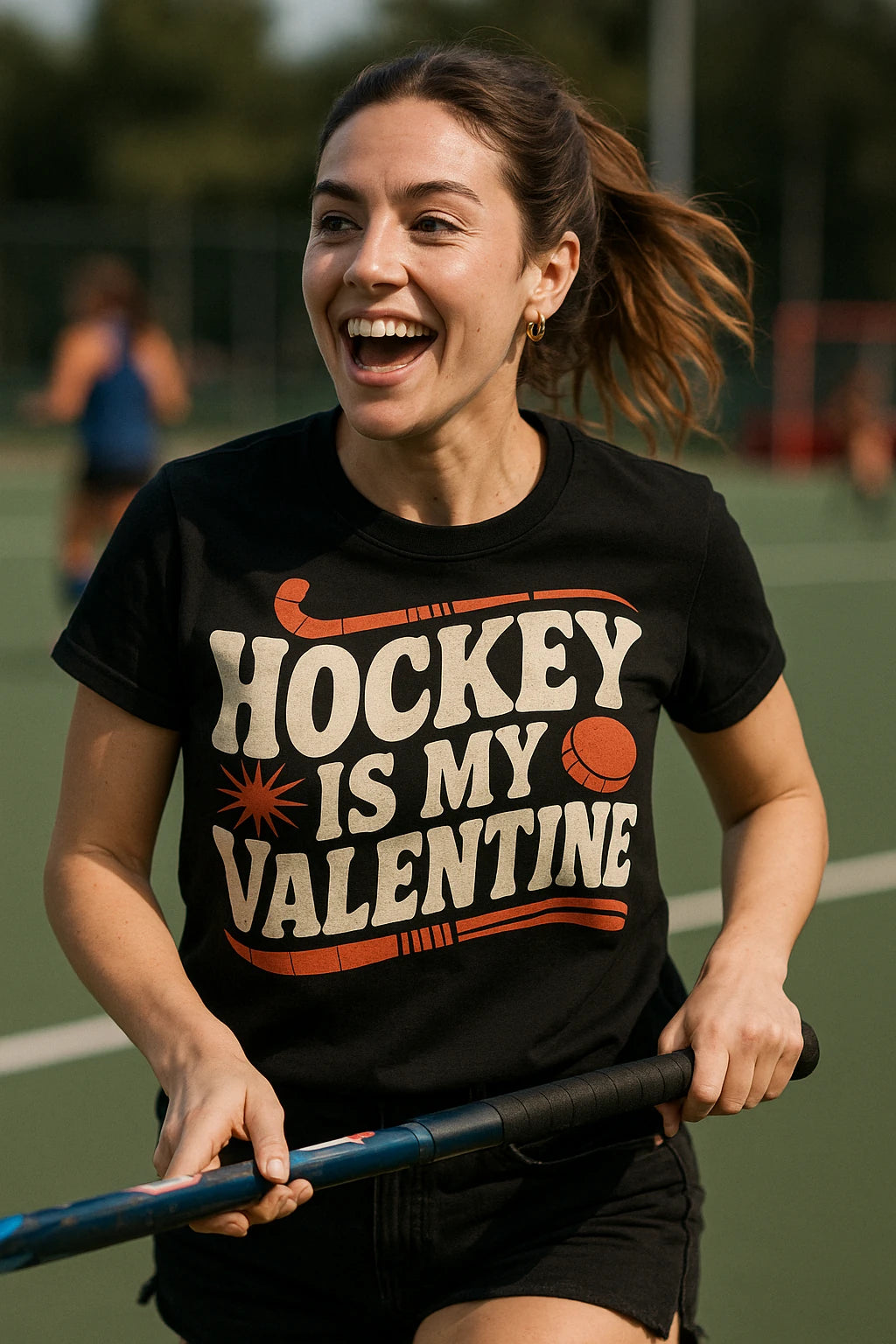 "Hockey Is My Valentine" black field hockey shirts, photographed as gifts for field hockey lovers