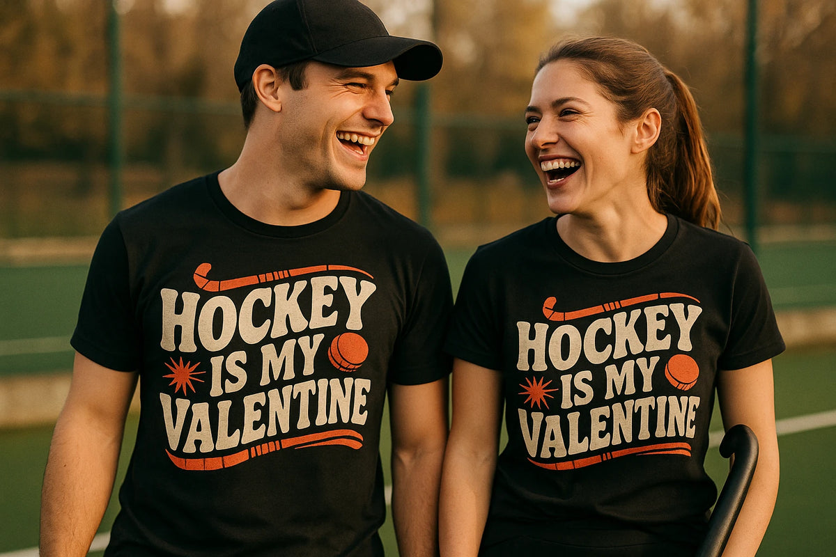 Person wearing the black field hockey shirts graphic tee - "Hockey Is My Valentine" design
