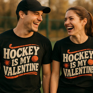 Person wearing the black field hockey shirts graphic tee - "Hockey Is My Valentine" design