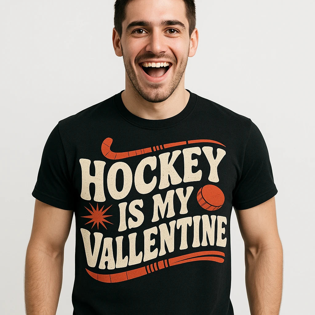 Close-up of the "Hockey Is My Valentine" beige print on a premium Bella+Canvas black field hockey shirts