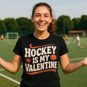 Lifestyle shot of the "Hockey Is My Valentine" black field hockey shirts in a real-world setting