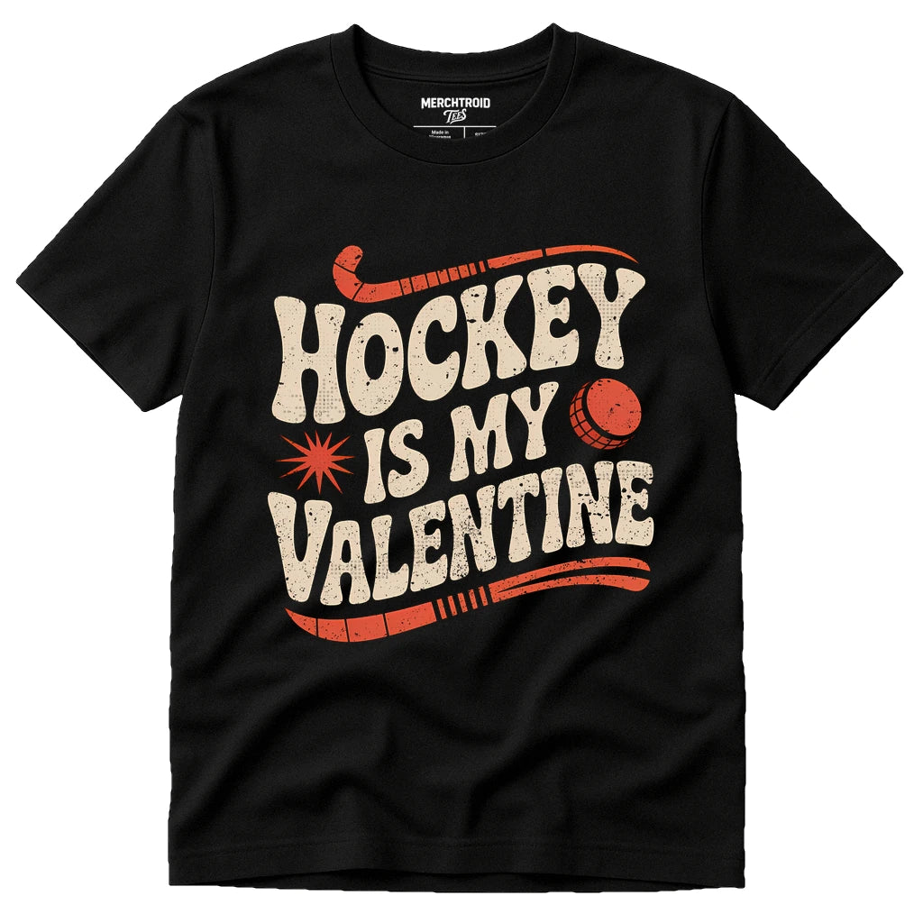 Black Field Hockey Shirts - "Hockey Is My Valentine" graphic tee with beige print, flat lay product photo
