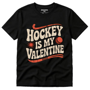 Black Field Hockey Shirts - "Hockey Is My Valentine" graphic tee with beige print, flat lay product photo
