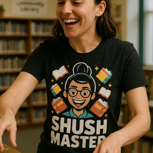 "Shush Master" black t shirt librarian - also a librarian gift ideas