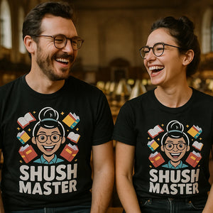 Person wearing the black t shirt librarian graphic tee - "Shush Master" design