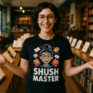 Lifestyle shot of the "Shush Master" black t shirt librarian in a real-world setting