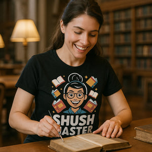"Shush Master" black t shirt librarian - also one of the best gifts for librarians