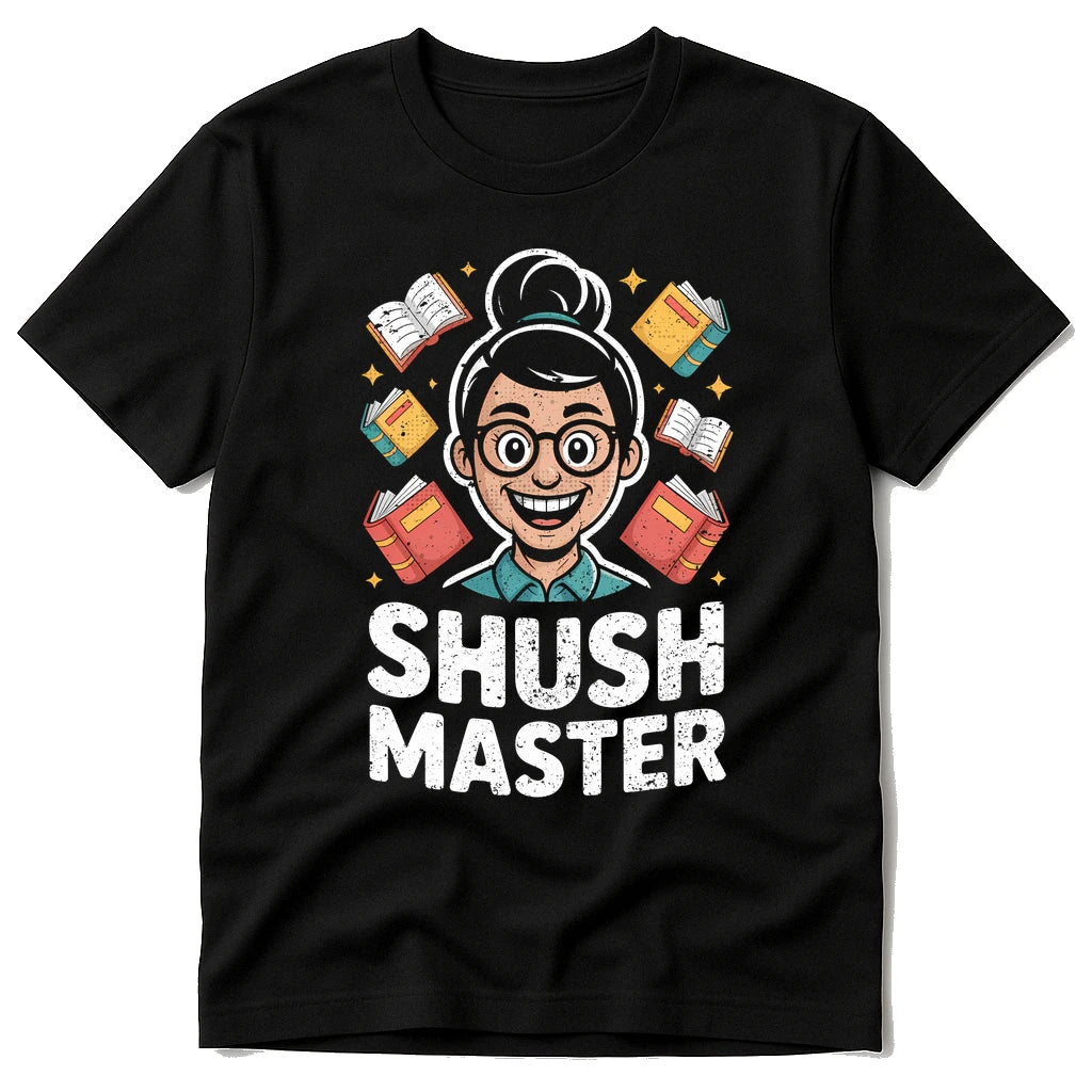 Black T Shirt Librarian - "Shush Master" graphic tee with white print, flat lay product photo