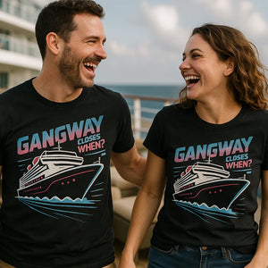 Person wearing the black cruise ship t shirt graphic tee - "Gangway Closes When?" design