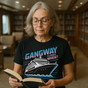 Lifestyle shot of the "Gangway Closes When?" black cruise ship t shirt in a real-world setting