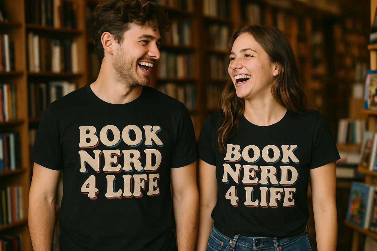 Person wearing the black reading sweatshirt graphic tee - "Book Nerd 4 Life" design