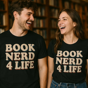 Person wearing the black reading sweatshirt graphic tee - "Book Nerd 4 Life" design