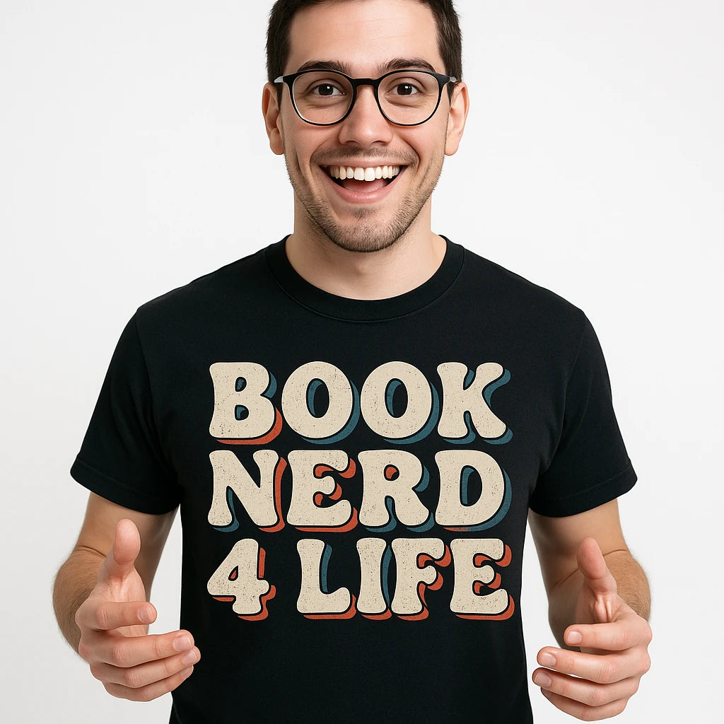 Close-up of the "Book Nerd 4 Life" beige print on a premium Bella+Canvas black reading sweatshirt