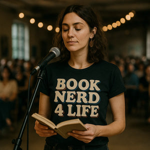 Lifestyle shot of the "Book Nerd 4 Life" black reading sweatshirt in a real-world setting