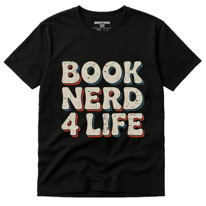 Black Reading Sweatshirt - "Book Nerd 4 Life" graphic tee with beige print, flat lay product photo