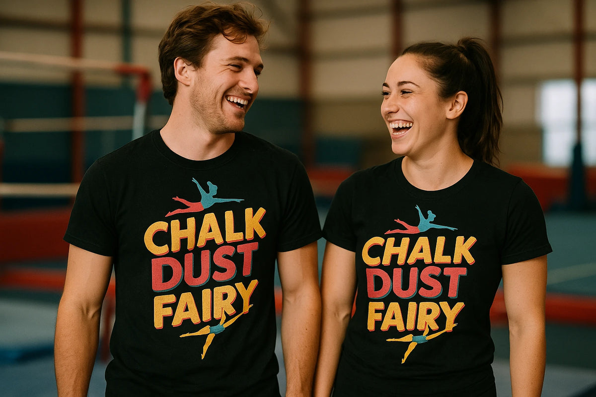 Person wearing the black shirts for gymnastics graphic tee - "Chalk Dust Fairy" design