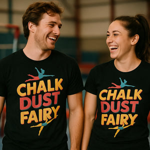 Person wearing the black shirts for gymnastics graphic tee - "Chalk Dust Fairy" design