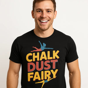 Close-up of the "Chalk Dust Fairy" gray print on a premium Bella+Canvas black shirts for gymnastics