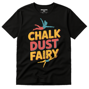 Black Shirts For Gymnastics - "Chalk Dust Fairy" graphic tee with gray print, flat lay product photo