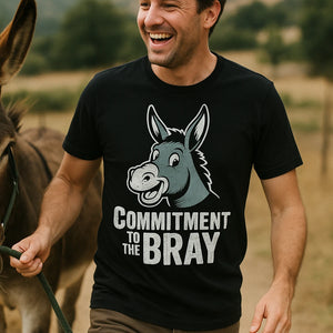 "Commitment To the Bray" black donkey tee shirts, photographed as gift for donkey lover