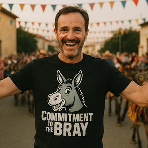 Lifestyle shot of the "Commitment To the Bray" black donkey tee shirts in a real-world setting