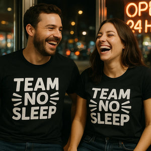 Person wearing the black sleep deprived t shirt graphic tee - "Team No Sleep" design