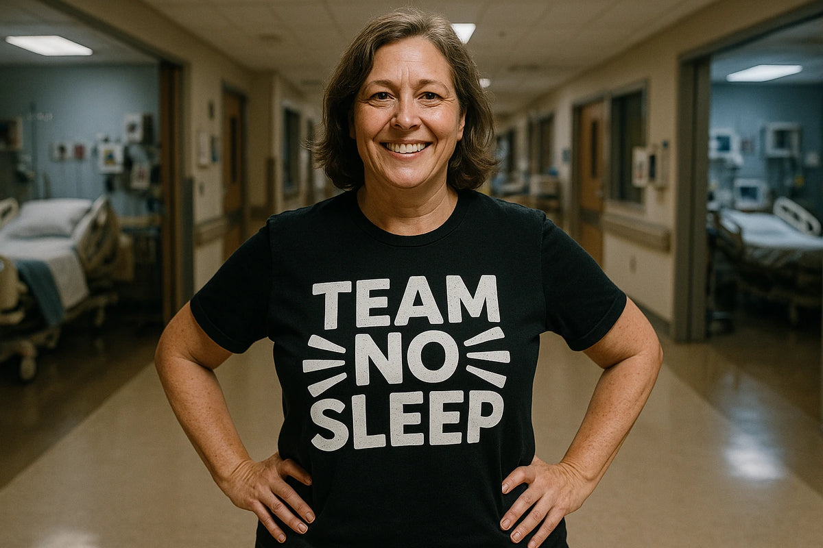 Lifestyle shot of the "Team No Sleep" black sleep deprived t shirt in a real-world setting