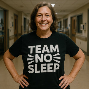 Lifestyle shot of the "Team No Sleep" black sleep deprived t shirt in a real-world setting