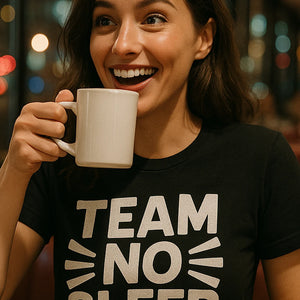 "Team No Sleep" black sleep deprived t shirt, photographed as sleep deprived lover gift