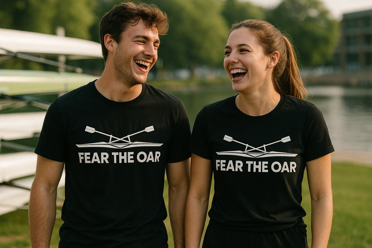 Person wearing the black t shirt rowing graphic tee - "Fear the Oar" design