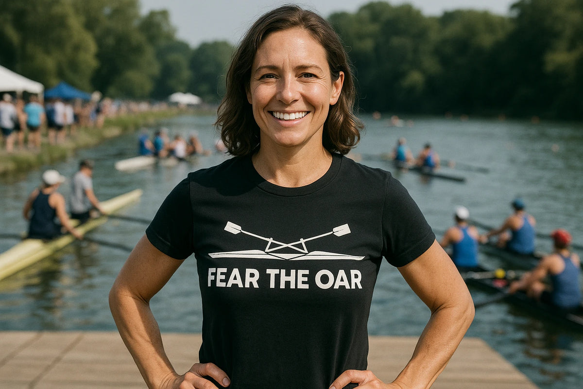 Lifestyle shot of the "Fear the Oar" black t shirt rowing in a real-world setting