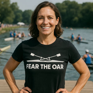 Lifestyle shot of the "Fear the Oar" black t shirt rowing in a real-world setting