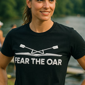 "Fear the Oar" black t shirt rowing, photographed as rowing lover gift
