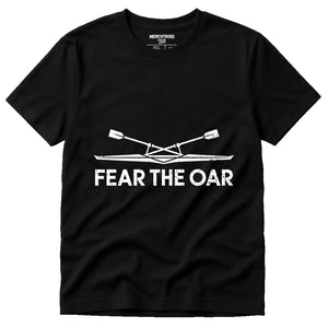 Black T Shirt Rowing - "Fear the Oar" graphic tee with white print, flat lay product photo